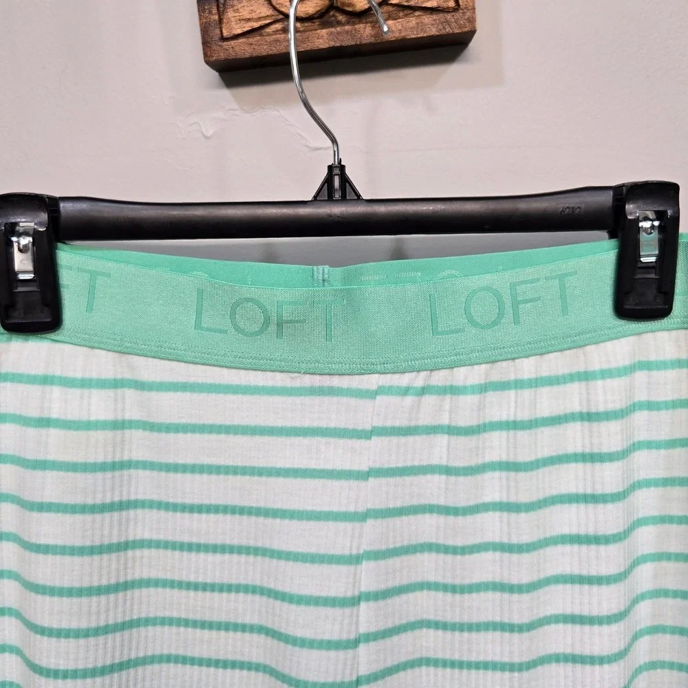 Loft 2 Piece Bike Short Pajama Set Large Green Striped Ribbed Jersey Knit Lounge